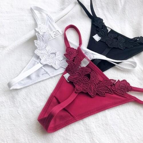 Women Sexy G-string Embroidery Patchwork Ladies Underwear Female Thong Solid Color Low Waist Panties