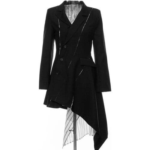 Women Stripe Blazer Dress Asymmetrical Spring Autumn High Waist Tunic Dress