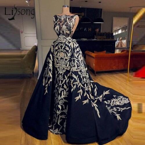 Vintage Black Mermaid Evening Dresses With Detachable Train 2019 Long Embroidery Prom Gowns Vestido De Festa Longo