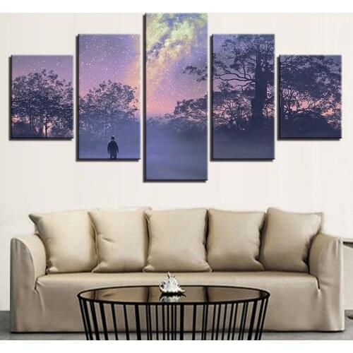 Abstract Poster Modular Canvas HD Printed 5 Pieces Forest Starry Sky Landscape Painting Art Living Room Decoration framework