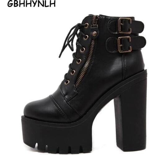 Chunky high heels winter autumn motorcycle boots women booties platform shoes woman women ankle boots black punk boots LJA44