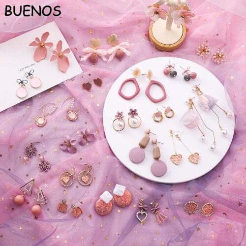 BUENO 2019 Korean Flower Sweet Geometric Earring Pink Earrings Simulated Pearl pendientes mujer Women Tassel Ear Jewelry brincos