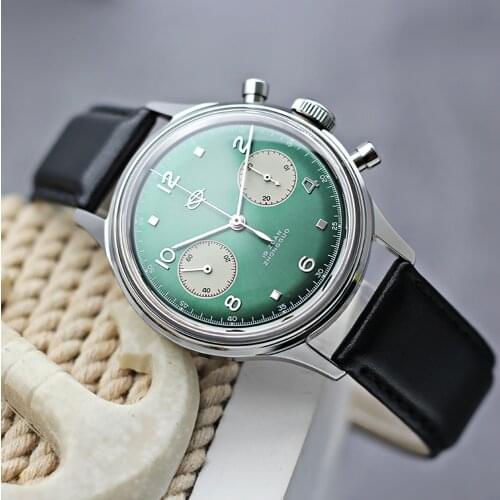 Red Star Mens Green Military Pilot Chronograph Watch 1901 Seagull Movement Men Manual Mechanical Watch Gooseneck Leather Clock