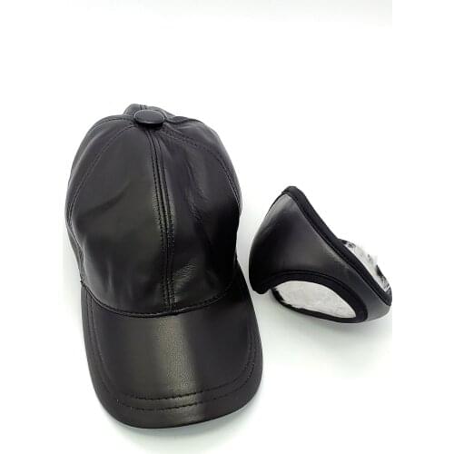 Black 100% Genuine Leather Unisex Hat And Faux Leather Winter Ear Muff