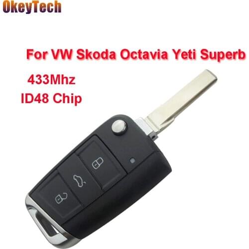 OkeyTech Remote Key for VW 433Mhz ID48 Chip Flip Folding for VW Skoda Octavia Yeti Superb 5G6959753AG Car Keyless Entry 3 Button
