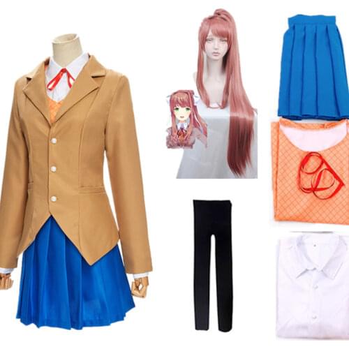 Doki Doki Literature Club Monika Sayori Yuri Natsuki Cosplay School Uniform Game Costume Outer T-shirt Bow Tie Wig Stockings