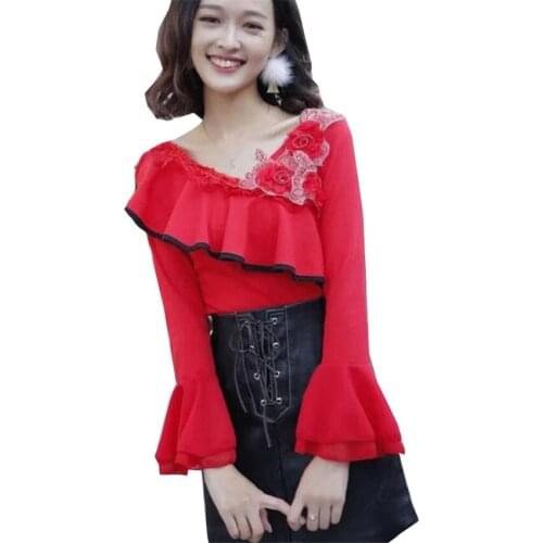 Gowyimmes New Autumn Women Long Sleeve Lace Blouse Sweety Girl Floral Knitted Shirt Slim Lady Off Shoulder Blusas Basic Tops 109