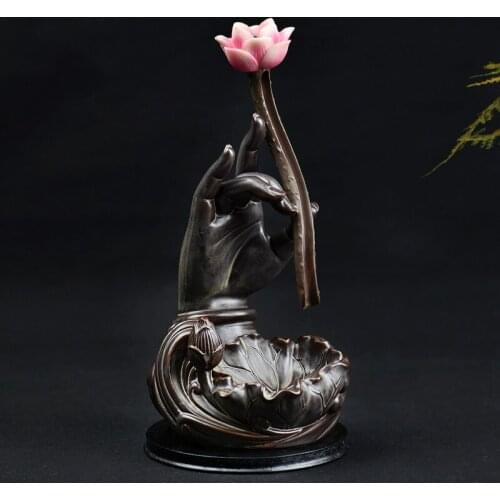 Chinese Traditional Ceramic Purple Clay Palm Mountain Lotus Guanyin Buddha Hand Backflow Incense Burner Incense Censer Base New