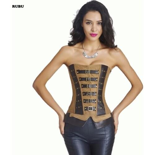 Faux Leather Corset Sexy Brown Steampunk Corset Overbust Lace Up Back Vest Corset Corselet Women Waist Cincher Body Shaper