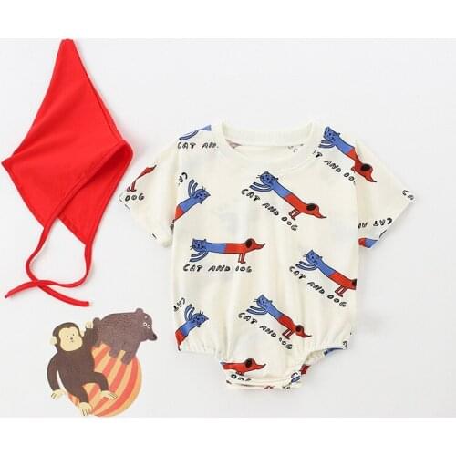 Summer Infant Baby Girl Overall Cotton Triangle Cartoon kitten Short-sleeved Body Suit With Hat Two-piece Cotton Romper