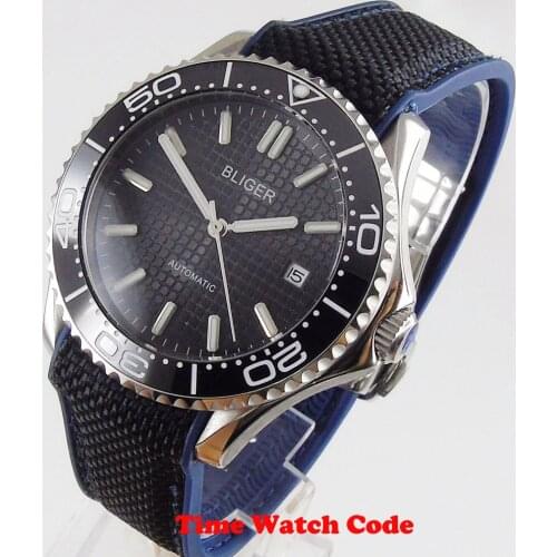 BLIGER 41mm Automatic movement Mens Watch black dial date indicator luminous hands Sapphire Glass Ceramic bezel Rubber strap