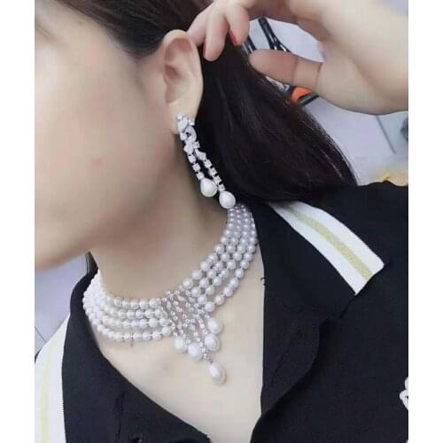 Hand knotted 4strands white freshwater pearl micro inlay zircon accessories necklace earrings set fashion jewelry