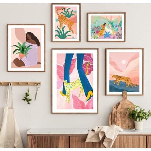 Jungle Leopard Tiger Tropical Plants Girl Abstract Wall Art Print Canvas Painting Nordic Poster Decor Pictures For Living Room