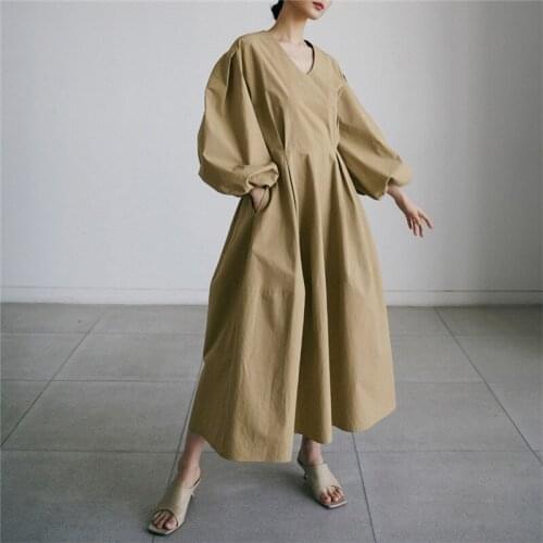 New loose large size dress Korean Lantern Sleeve baby dress high waist and thin sleeve over knee dress