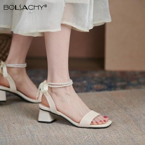 Sandals Women New 2021 Summer Shoes Female 4.5CM Square Hight Heels Office Lady Elegant Beaded Ankle Strap Sexy Pumps Bow Beige