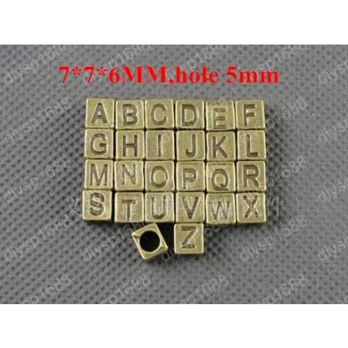 Wholesale letter/alphabet alloy antique bronze big hole square cube charm beads 5sets A~Z 26*5pcs fit bracelet free shipping
