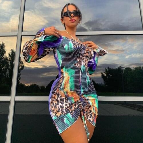 Hirigin Tie Dye Printed Ruch Drawstring Wrap Dress Woman Off Shoulder Long Flare Sleeve Sheath Dresses Retro Robe Femme Vestidos