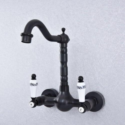 Wall Mounted Dual Handles Black Oil Rubbed Bronze Finish Kitchen Sink Bathroom Basin Faucet Mixer Tap Lsf702
