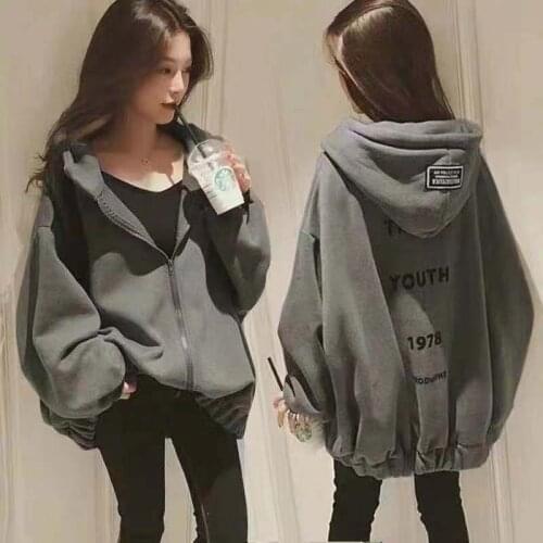 Women Hoodies Letter Printed Loose Hooded Thicker Warm Sweatshirts Students Plus Velvet Long Sleeve Zip-up Womens All-match Chic