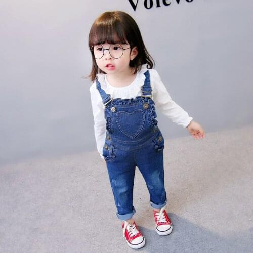 2021 Spring autumn girls Jeans bottoms baby lacework pants overall Kids loving heart trousers children suspender trousers