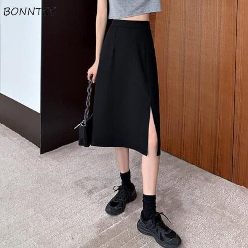 Skirts Womens Summer Solid New Chic All-match Ladies Vintage Soft Simple Elegant Side-slit Leisure Fit Fashion A-Line Ulzzang