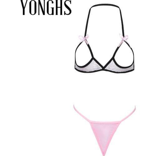Womens Lace Bowknot Lingerie Suit Two-Piece Erotic Sexy Bikini Set Open Cup Halter Neck Hot Bra with G-string Briefs Nightwear