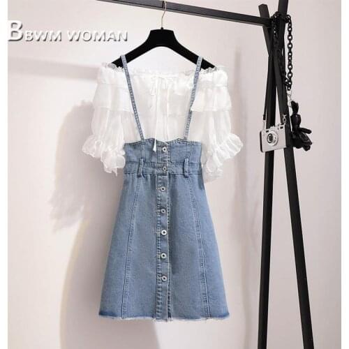 2019 Slash Neck Women Sets White Ruffle Blouse And Denim Dress Female Sets