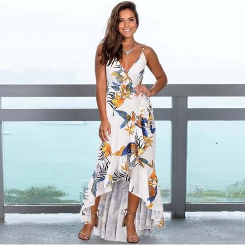 Summer Womens Dress 2021 V Neck Spaghetti Straps Sexy Dress Floral Print Ruffle Irregular Hem Boho Long Dress Mujer Vestidos