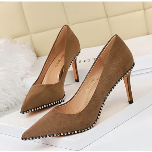 2020 New Autumn Fashion Women 8cm Or 10.5cm Thin High Heels Pumps Metal Black Pumps Studded Flock Pumps Ladies Valentine Shoes