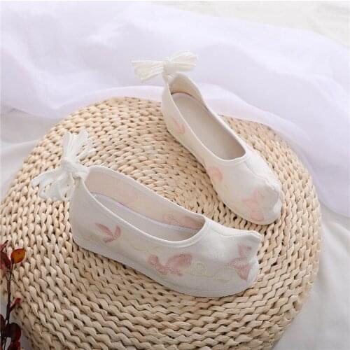 Ancient Chinese Traditional Hanfu Embroidery Canvas Flat Shoes Wedding Women Tang Song Dynasty Ankle Strap Shoes