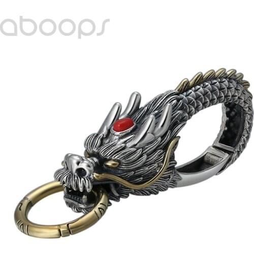 Bicolor 925 Sterling Silver Chinese Dragon Keychain for Men Women
