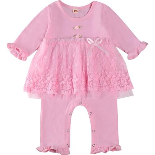 Baby Girl Romper, Floral Dress, Flower Embroidery Crotch Buttons Long Sleeve Round Collar Layered Bow Clothes