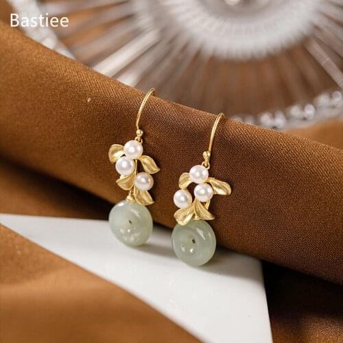 Bastiee Korean Earrings Earrings Silver 925 Jewelry For Women Jade Golden Plated Long Earrings Vintage Silver Earrings