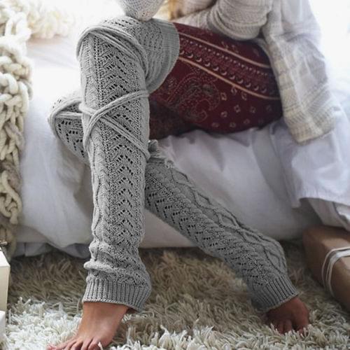 Fashion Womens Winter Crochet Knitted Stocking Footless Leg Warmers Boot Thigh High Stockings white black gray