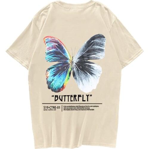 100% Cotton Hip Hop Plus Size T-shirt Mens 2021 Streetwear Harajuku Color Butterfly T-shirt Short Sleeve Loose HipHop T-shirt