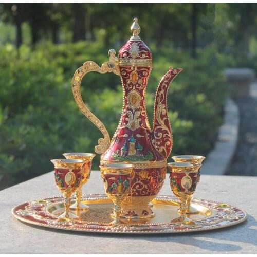 New arrival 12" plate Gold with red color metal coffee set wine set/tea set fashion zinc alloy wine set home decoration
