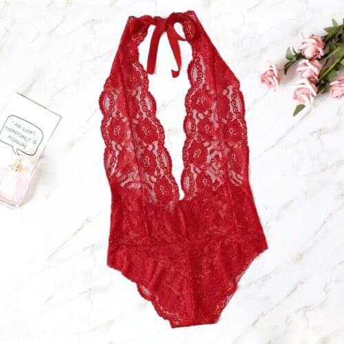 New Sexy Red Lace Bodysuit Women Sleeveless Mesh Sheer Jumpsuit Rompers Skinny Lace Playsuits Overalls Macacao Feminino HB170