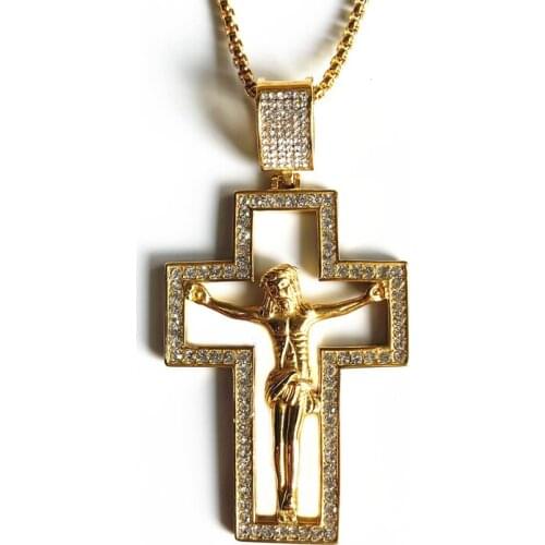 New arrival hip hop Gold color Lords Prayer & Crucifix Jesus Christ gig cross Pendant Necklace with rhinestone men jewelry