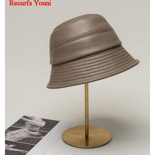 Japanese Bucket Hat Women Big Birm Sun Shade 100% Genuine Leather Fisherman Caps Female Chic Grey Purple Basin Casquette Street