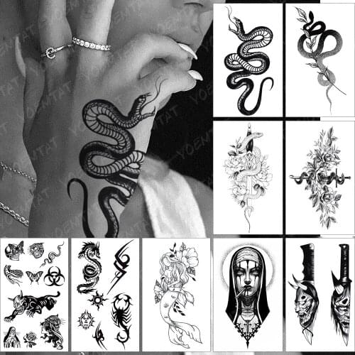 Black Snake Waterproof Temporary Tattoo Sticker Scorpion Butterfly Old School Totem Tatoo Women Wrist Body Art Fake Tatto Men