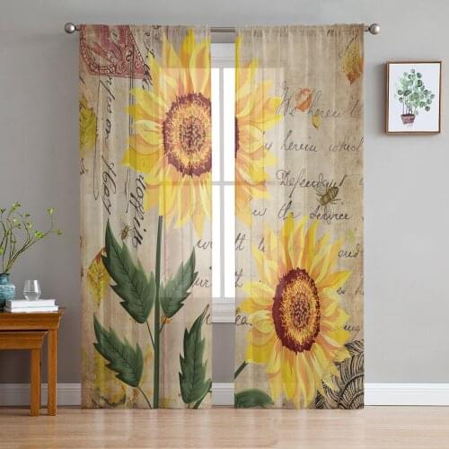Retro Shabby Sunflower Sheer Curtains for Living Room Bedroom Kitchen Tulle for Windows Voile Drapes Home Decoration