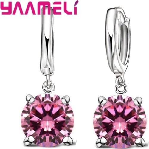 Real 925 Pure Sterling Silver Dangle Earrings CZ Crystal Big Round Earrings For Women Girls Gift Fashion Wedding Jewelry
