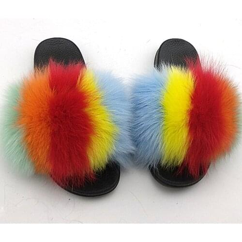 Women summer Slide Slipper Fox Fur sandals fuzzy fluffy plushs Fur slippers real fox fur colorful flip flpos Women slides