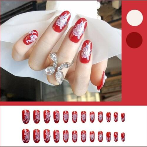 High Quality 24pcs Red Flower Pattern Wear Short Paragraph Fashion Manicure Patch False Nails Save Time Wearable Nail Patch