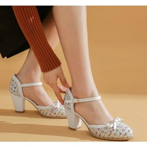 ZawsThia 2021 Summer Tweed Plaid Checker Retro Ladies Office Pumps Two Pieces Thick High Heels Women Sandals Big Size 46 47 48