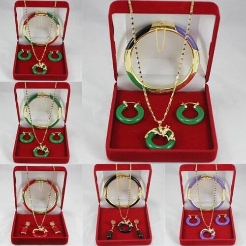 Green Purple Black Red Stone Necklace Earrings Bangle Set Round Circle Pendant Choker Bracelet Jewelry Set Women Birde Wedding