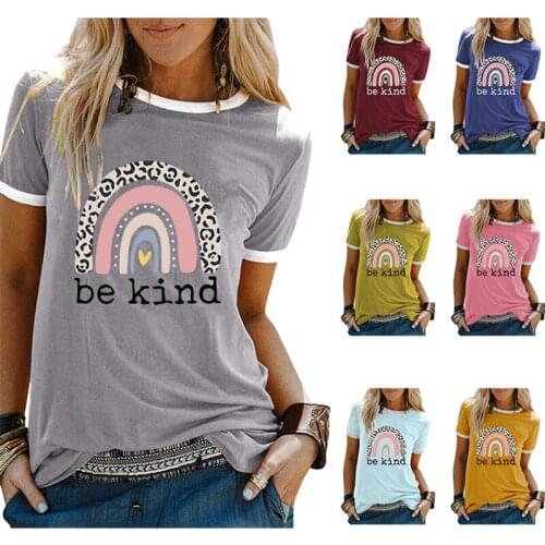 New fashion womens round neck color matching short sleeves comfortable stretch shirt BE KIND rainbow print