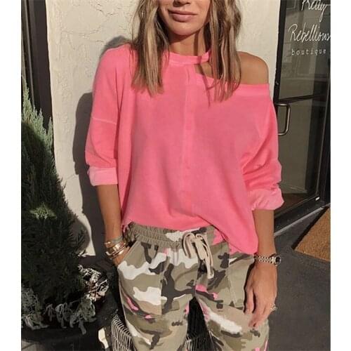 Skew Collar Off Shoulder Batwing Long Sleeve Ladies Autumn Tshirt Sport Casual Loose Solid Pink Fashion Patchwork Women T-shirts