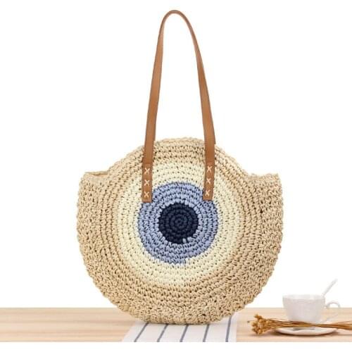 Women Round Straw Bag Rattan Woven Shoulder Bag Wicker Simple Portable Beach Tote -OPK