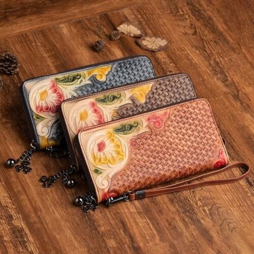New Genuine Leather Womens Wallets Vintage Embossed Purse Luxury Designer Pure Handmade Long Clutch Bag Ladies Card Holder
